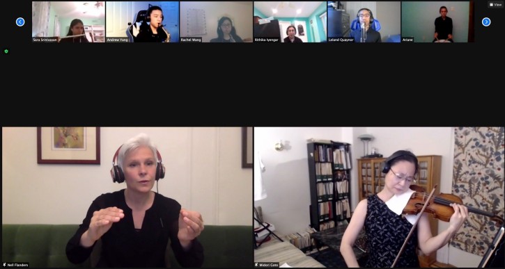 YOCJ students rehearsing online with Midori and conductor Nell Flanders.