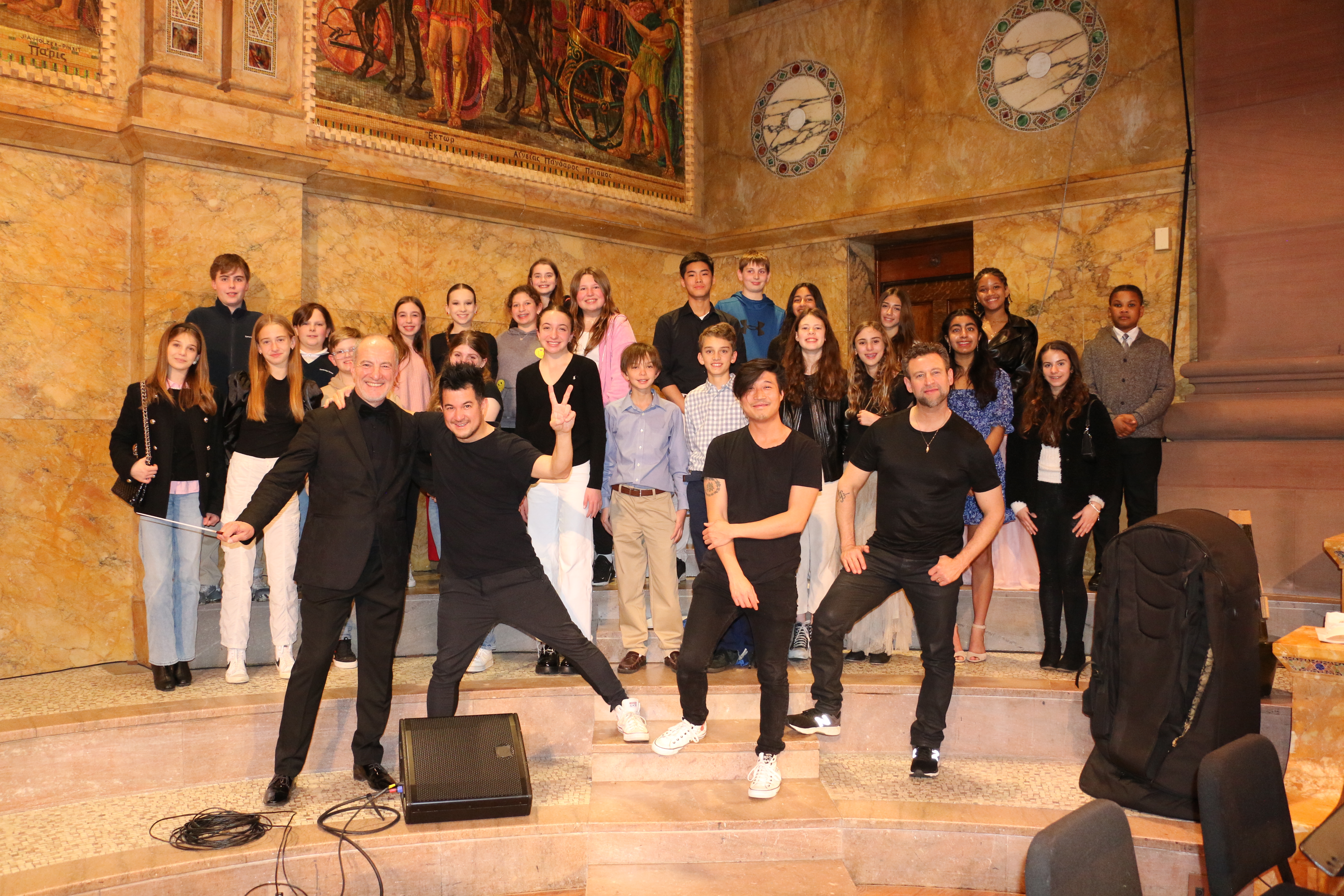 2024 Students pictured onstage with Time For Three and Rossen Milanov