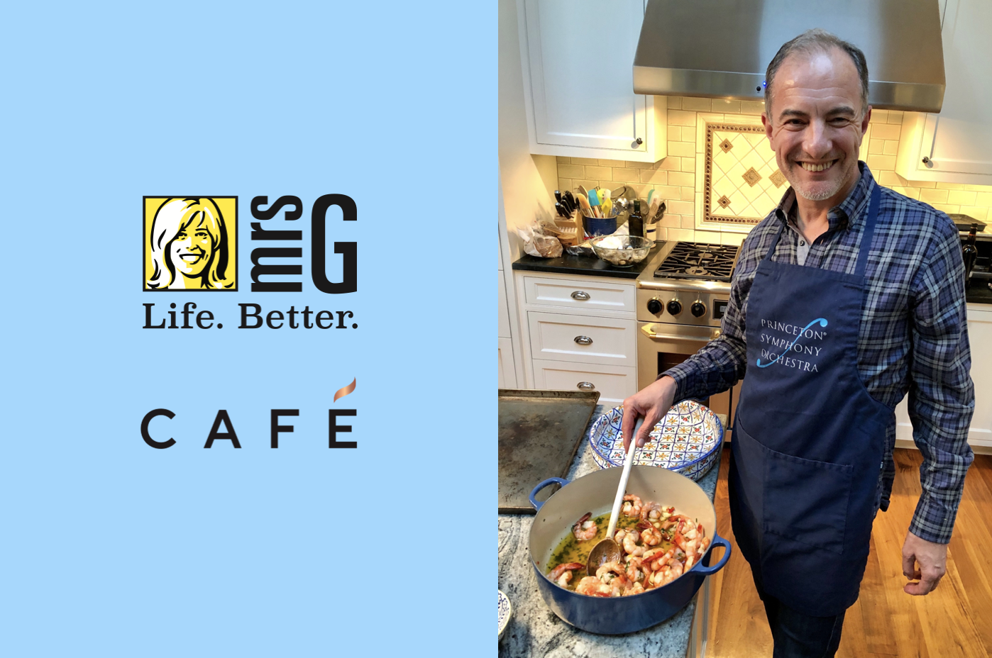 Rossen cooking shrimp with Mrs. G and Cafe Logos