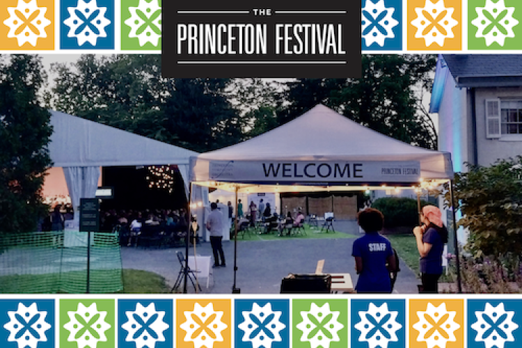 Princeton Festival welcome tent at dusk; text: The Princeton Festival and "Welcome"