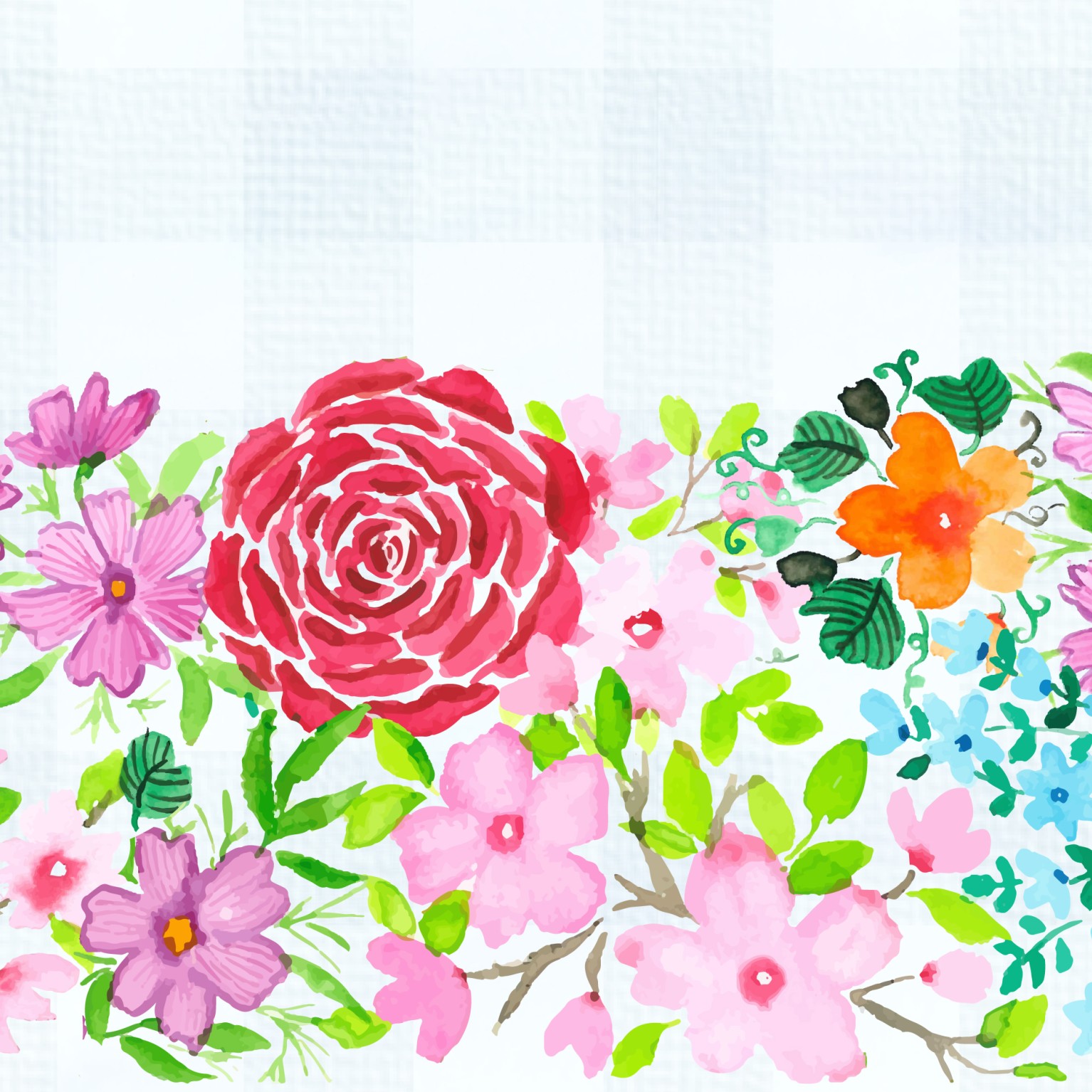 A colorful array of watercolor flowers with a pale teal-toned gingham-like background of overlapping strips.