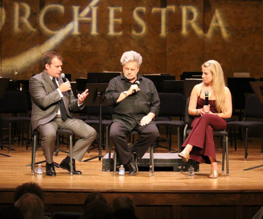 Marc Uys, Bernhard Gueller, and Natasha Paremski, seated on-stage, discussing Rachmaninoff