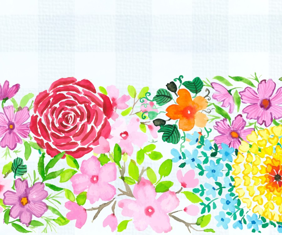 Array of watercolor flowers by the artist Anandi Ramanathan superimposed over a pale teal, gingham background.