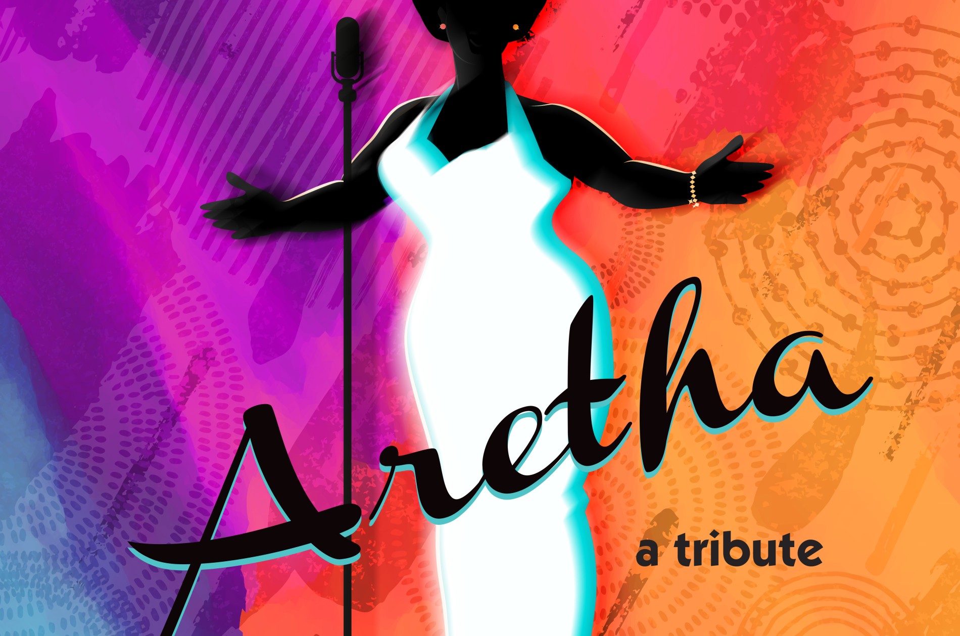 Aretha, a tribute - art image of singer at a microphone in a white dress against a field of color
