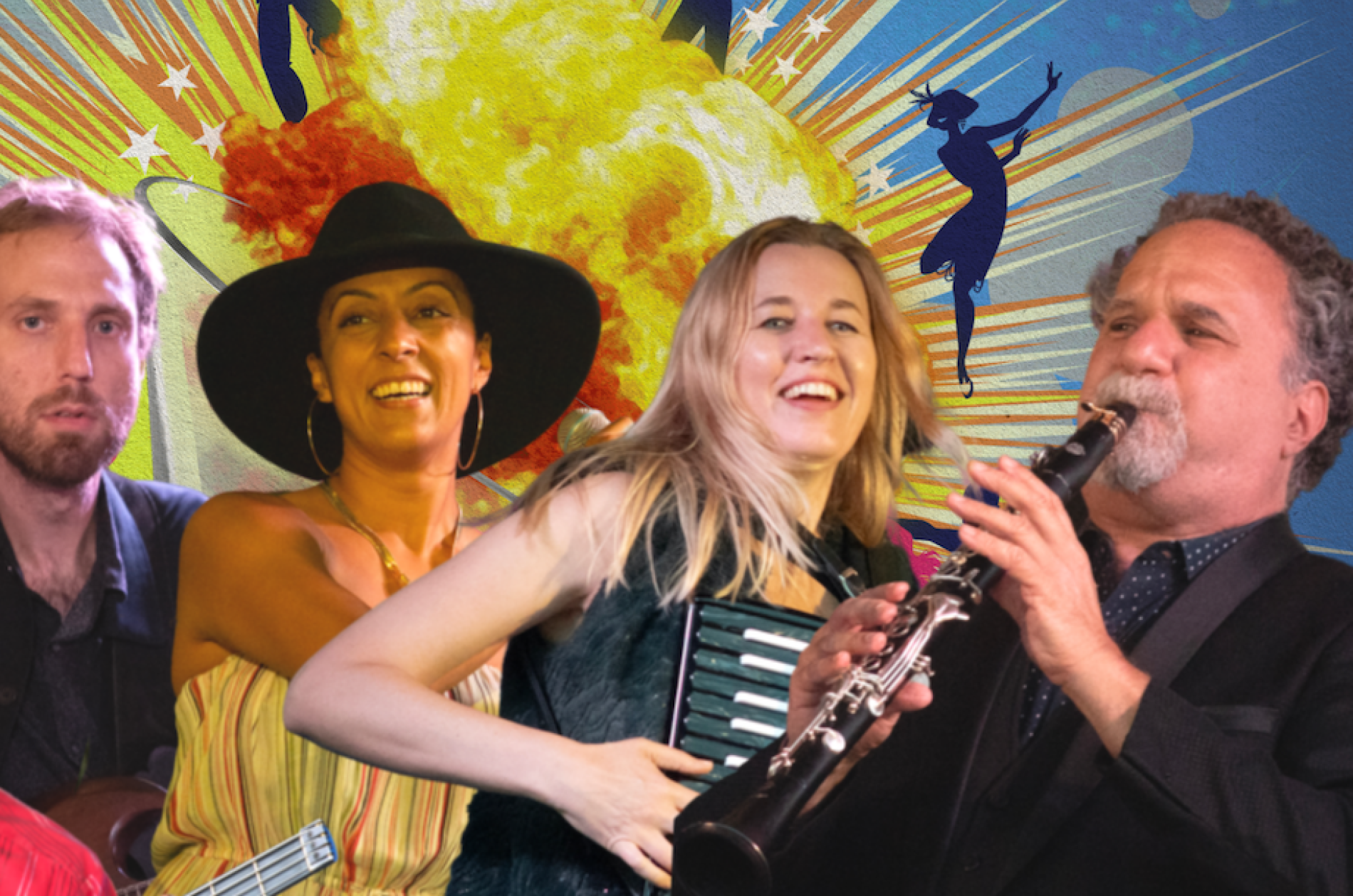 Four performers including an accordionist and clarinetist superimposed on a sunburst graphic