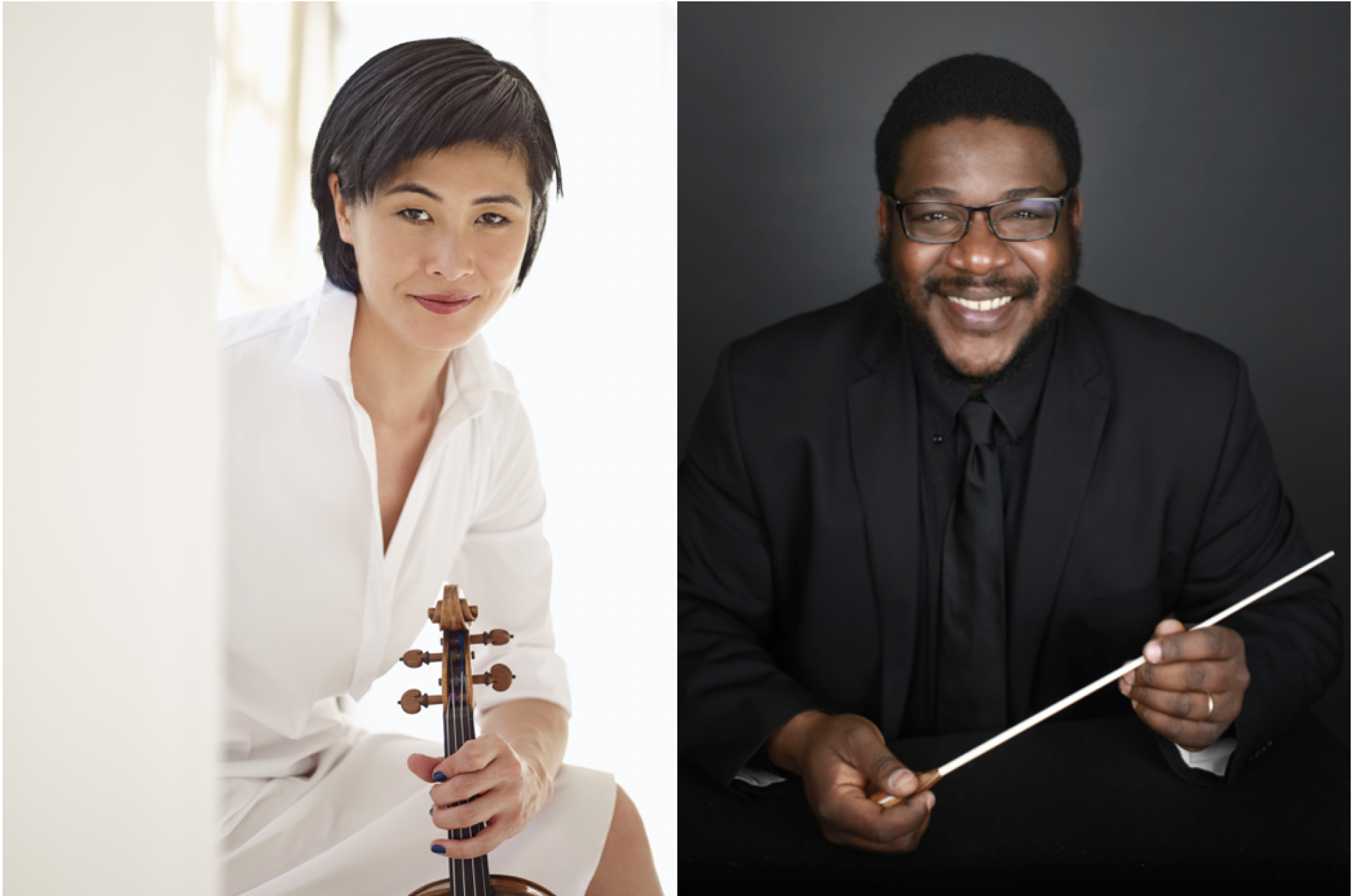 Violinist Jennifer Koh, in white, and conductor Kenneth Bean, in black