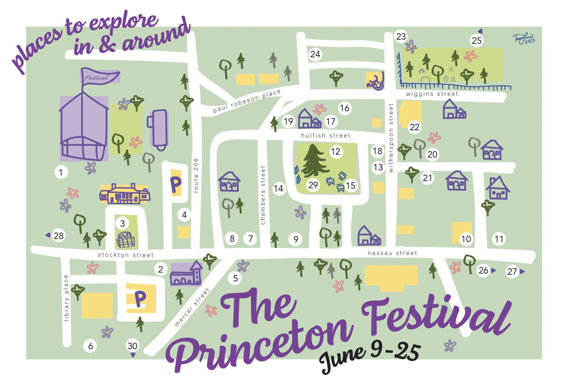 Artistic rendering of a map of the Princeton Festival and downtown Princeton
