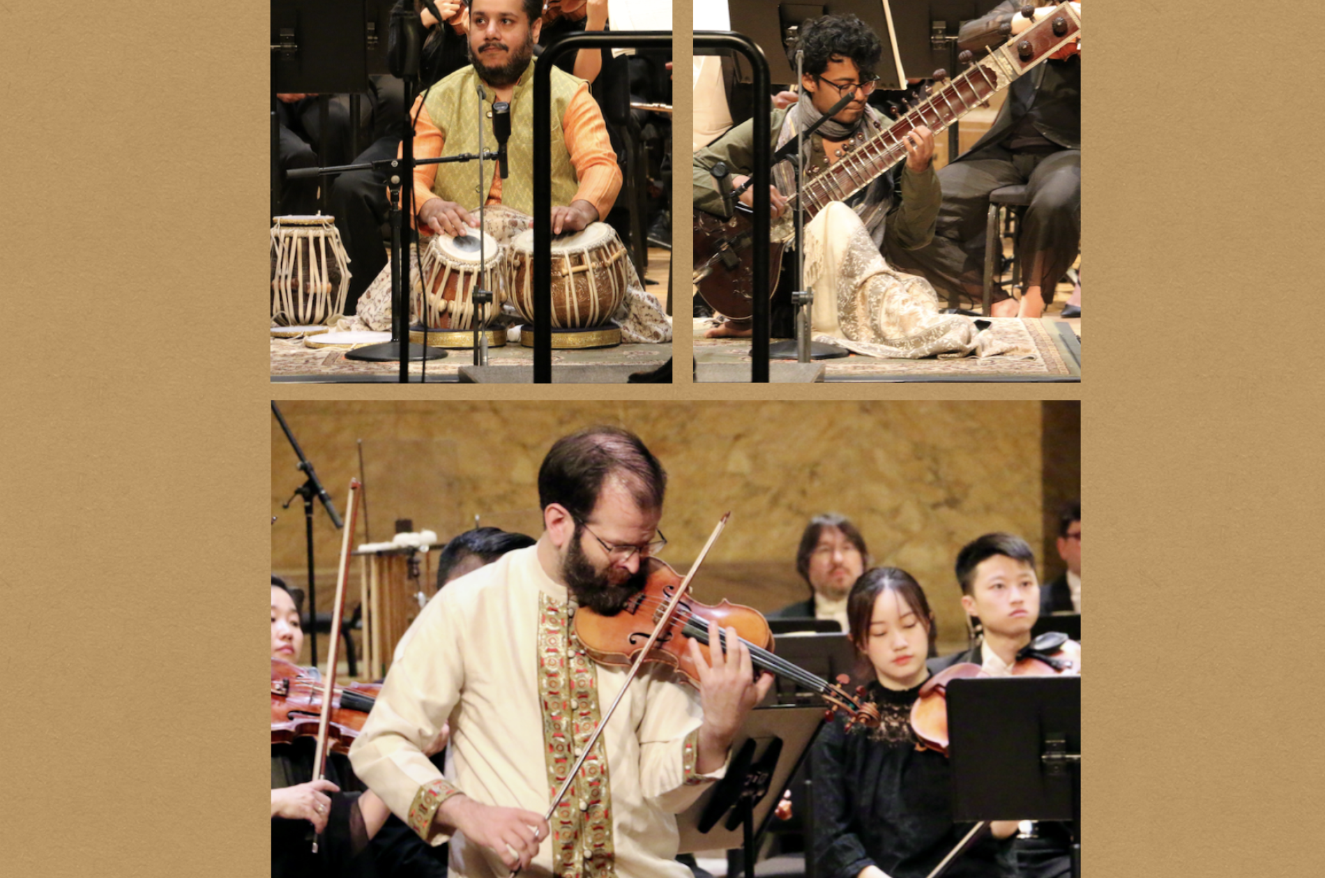 3 Musicians in traditional dress playing a violin, tabla, and sitar