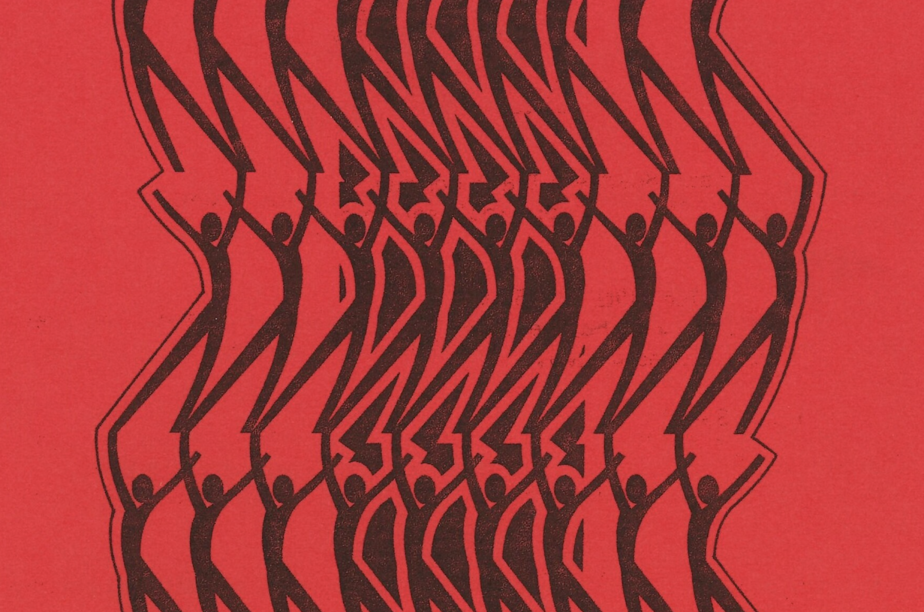 Repetitive artistic rendering of identical silhouetted figures in black on a deep red ground.