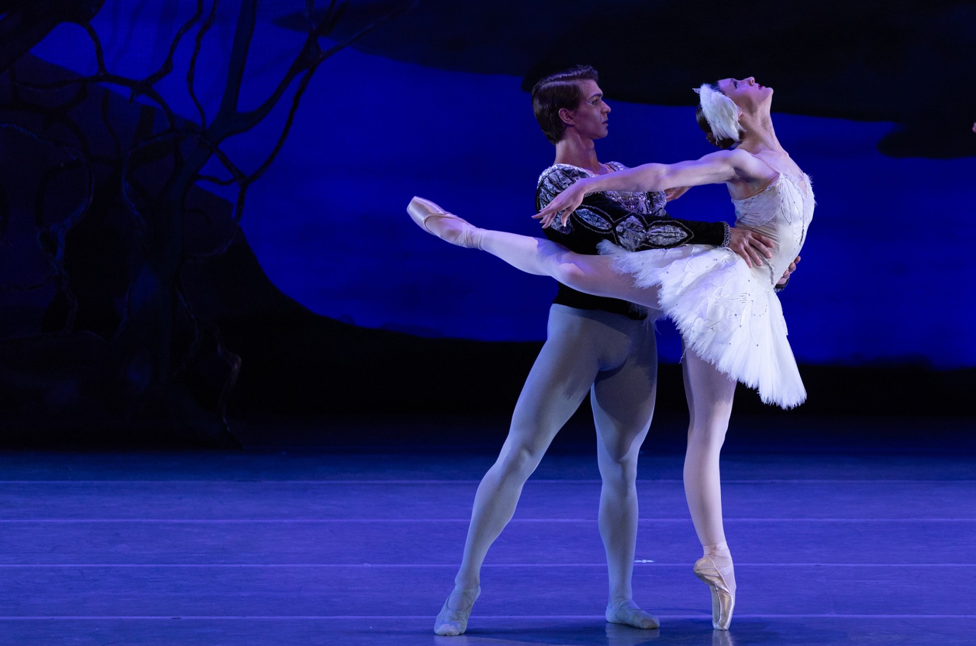 Two dancers performing a pas de deux from Swan Lake.
