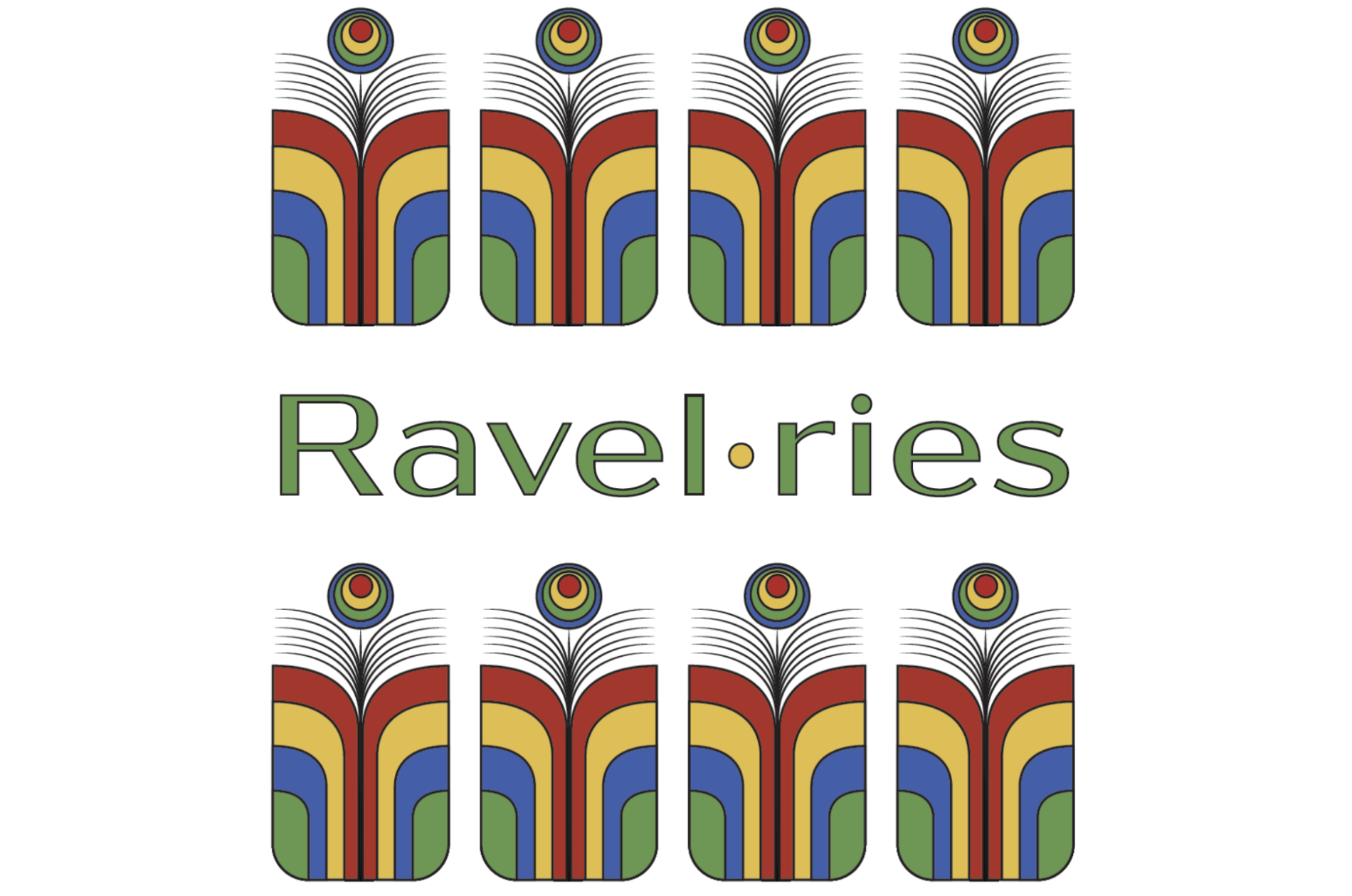 Text - Ravelries; between colorful Art Deco-style embellishments