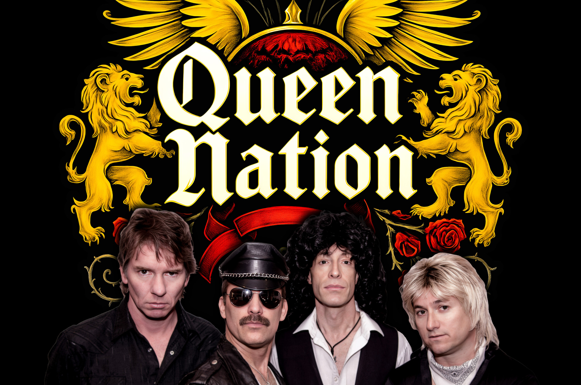Text - Queen Nation; four costumed band members
