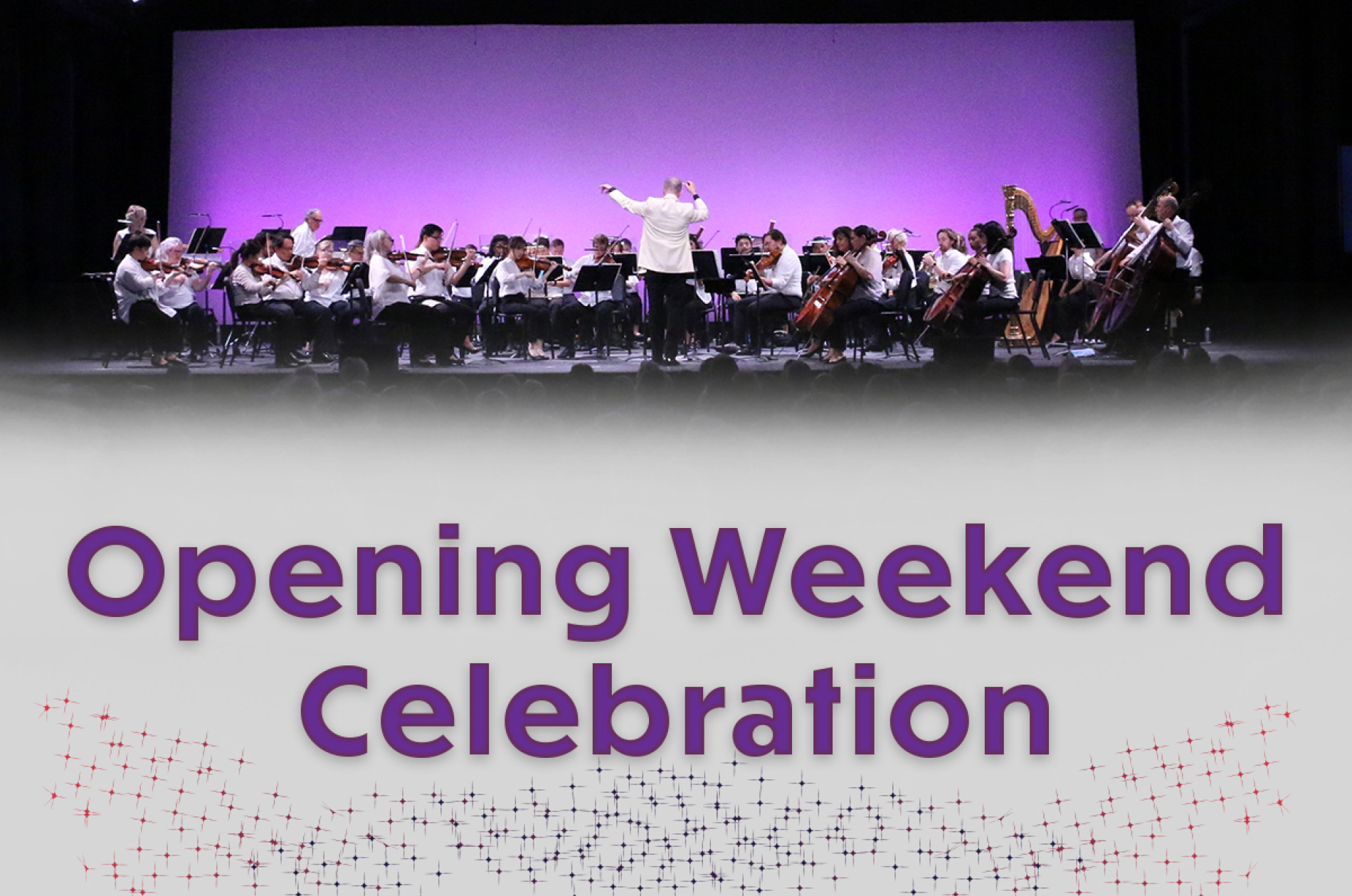 White-jacketed conductor leading a summer-dress orchestra during a performance. Text - Opening Weekend Celebration