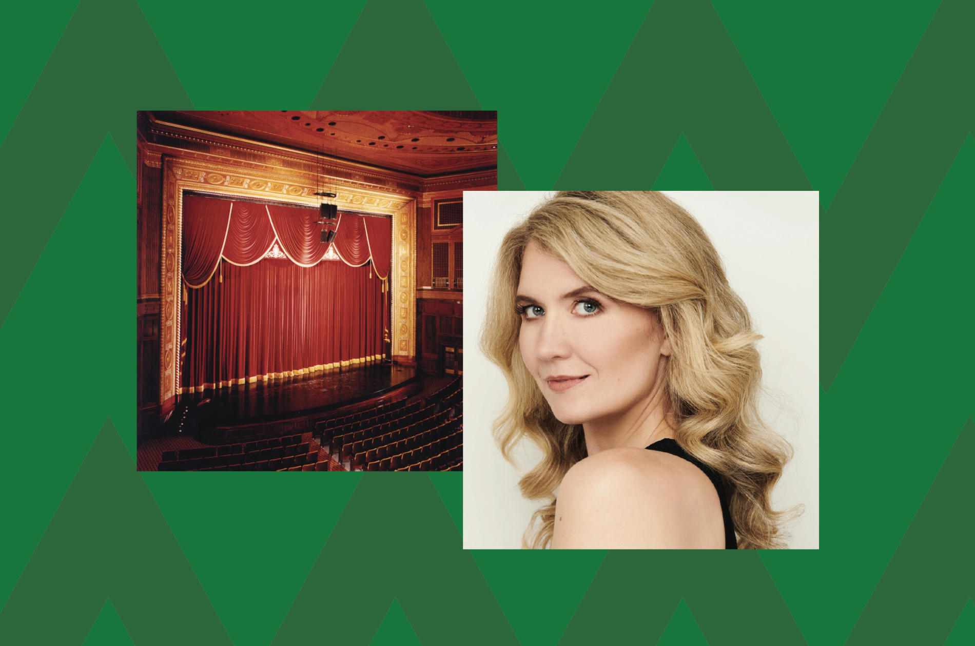 Patriots Theater interior juxtaposed with a headshot of Scarlett Strallen